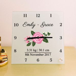 Newborn Girl Personalised Square Glass Clock