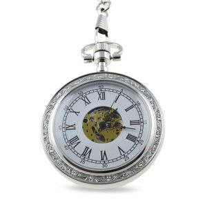 Classic Engraved Silver Skeleton Faced Pocket Watch