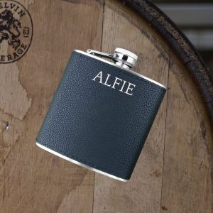 Black 6oz leather hip flask personalised in silver