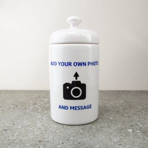 Custom ceramic lolly jar printed with a photo logo and text.