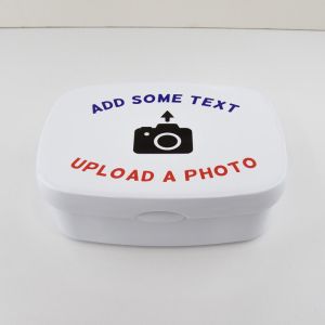 Custom lunch box printed with a photo and text.