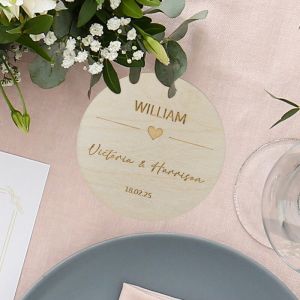 Wooden wedding coasters engraved with names