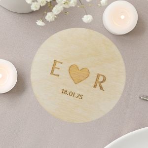 Initials and love heart engraved wooden wedding coasters