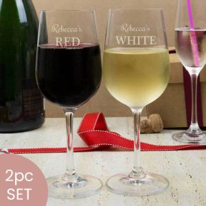 Personalised white and red wine glasses